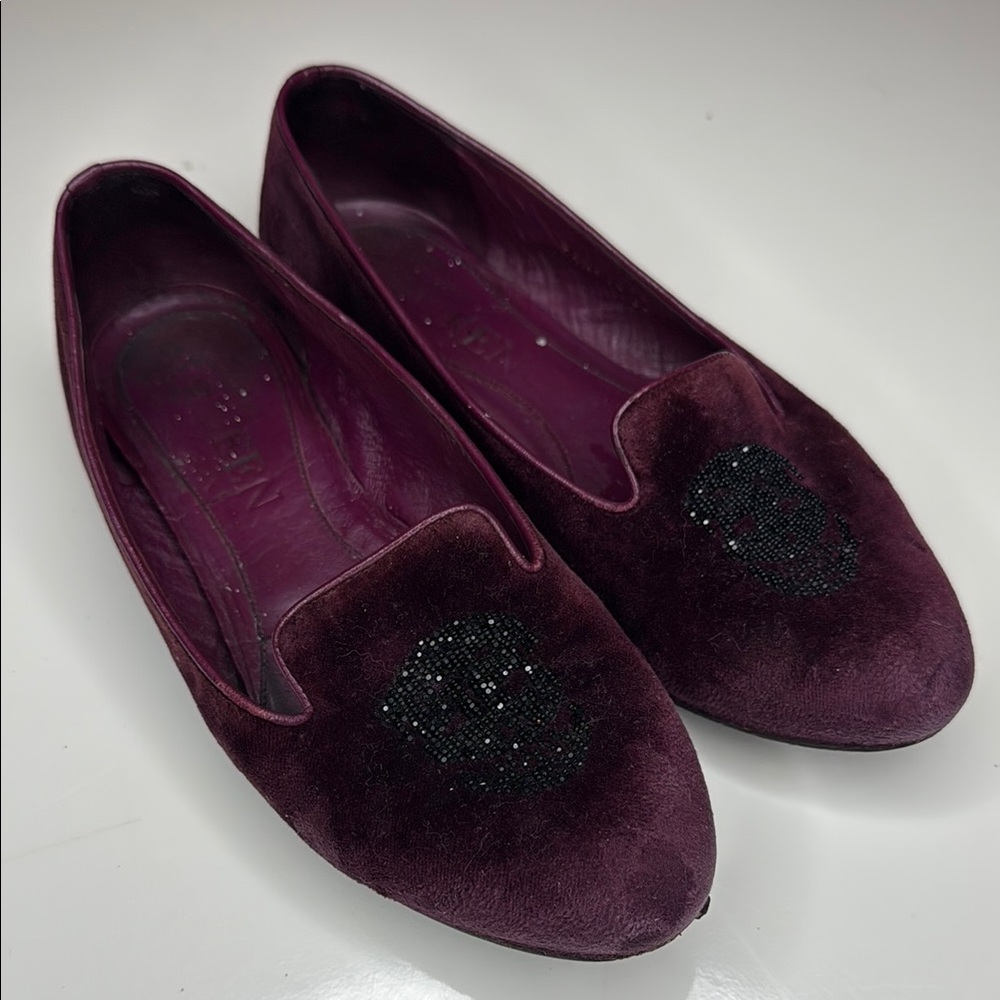 Women's Burgundy Loafers with Skull Design